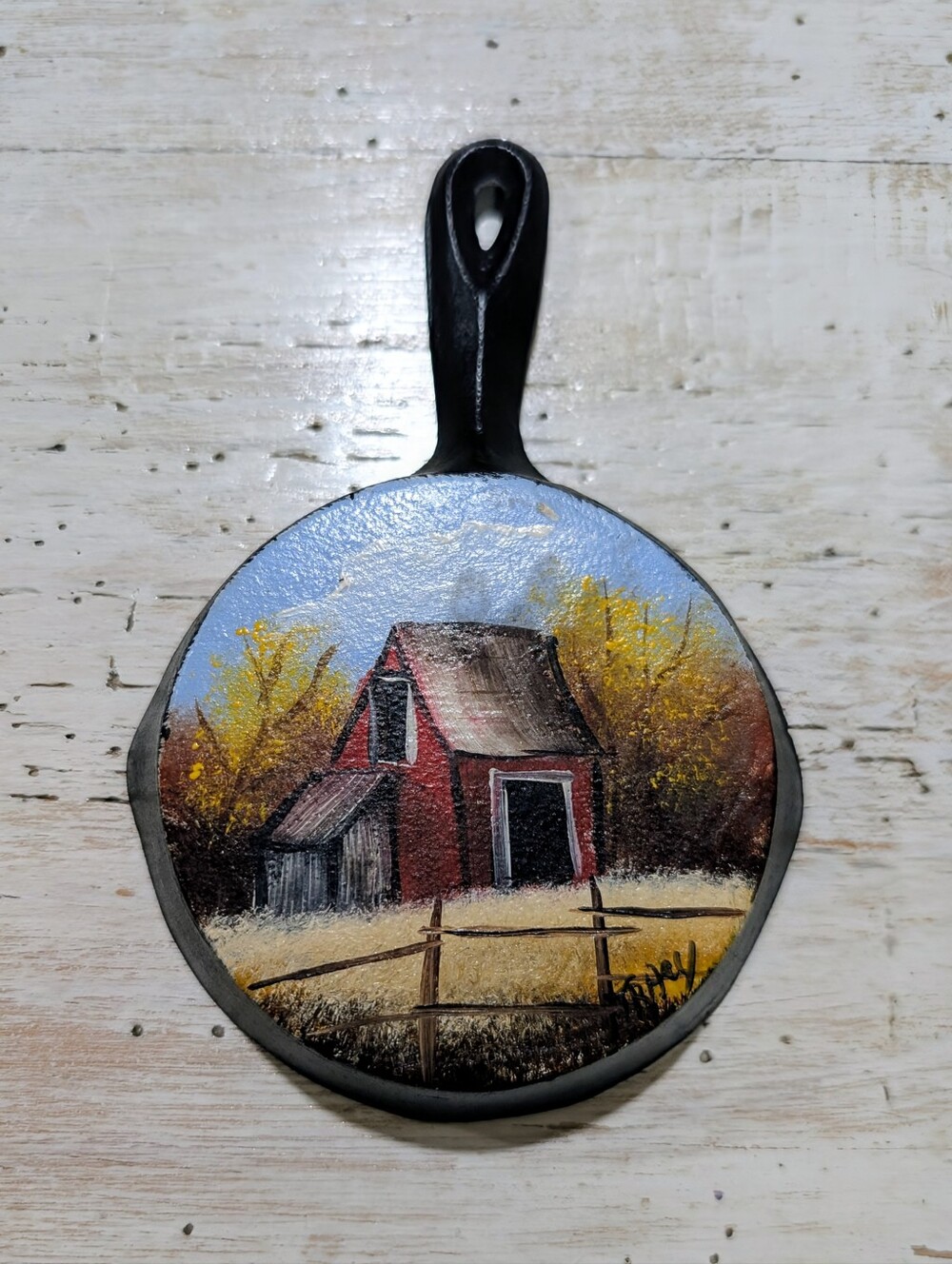 Hand Oil Painted Cast Iron Mini Skillet With Barn Scene 4 x 6" Farmhouse Country